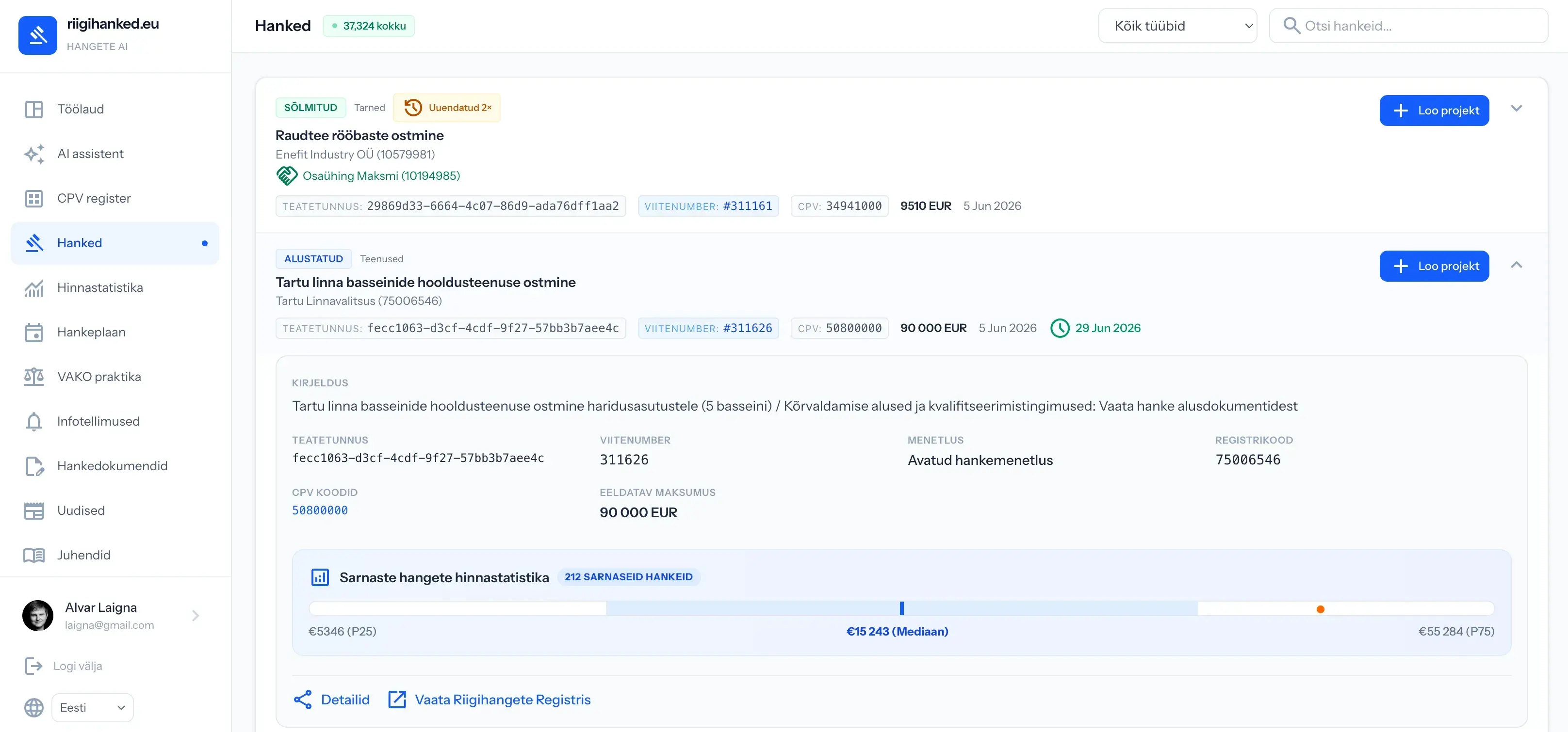 Riigihanked.eu live tenders and smart notifications